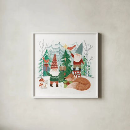 Woodland Gnomes I by Mary Urban. Shown in a crisp white glass frame for a clean and minimalist style. Available as an archival giclee rolled canvas, fine art paper, or poster print. SKU 73389a.