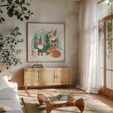 Woodland Gnomes I by Mary Urban. Shown in a natural wood frame in a cozy modern living room. Available as an archival giclee rolled canvas, fine art paper, or poster print. SKU 73389a.