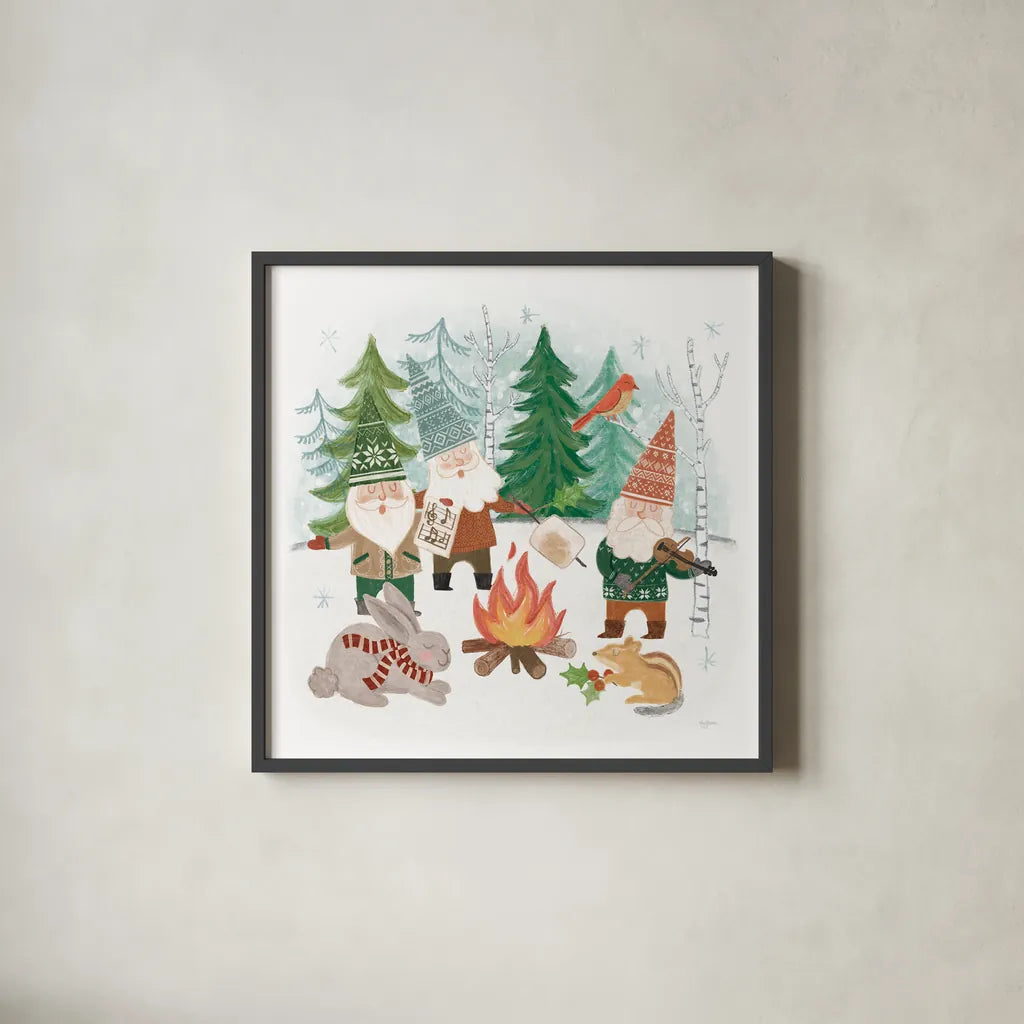 Woodland Gnomes II by Mary Urban. Shown in a sleek black glass frame for a contemporary gallery look. Available as an archival giclee rolled canvas, fine art paper, or poster print. SKU 73390a.