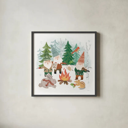 Woodland Gnomes II by Mary Urban. Shown in a sleek black glass frame for a contemporary gallery look. Available as an archival giclee rolled canvas, fine art paper, or poster print. SKU 73390a.