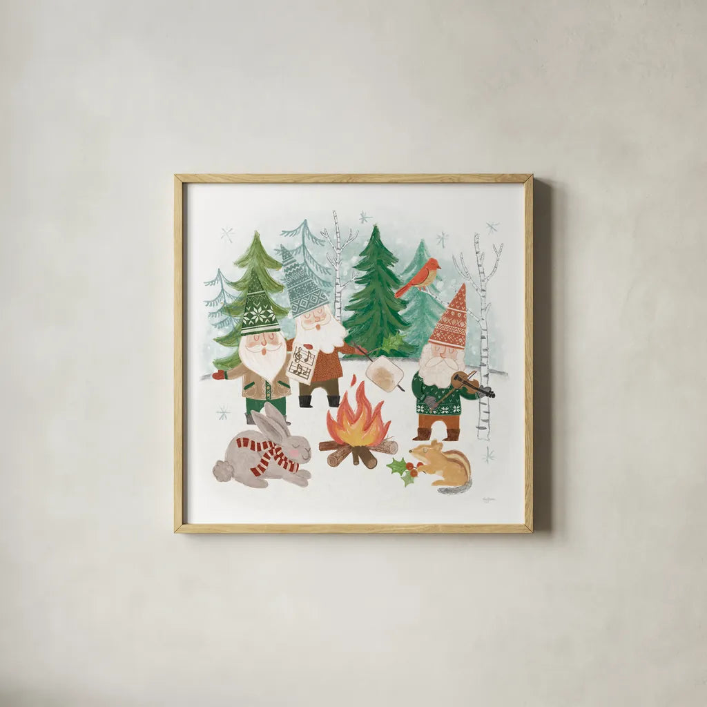 Woodland Gnomes II by Mary Urban. Shown in a natural wood glass frame for a timeless modern aesthetic. Available as an archival giclee rolled canvas, fine art paper, or poster print. SKU 73390a.