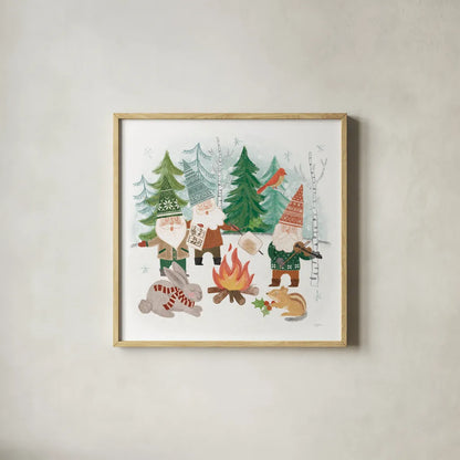 Woodland Gnomes II by Mary Urban. Shown in a natural wood glass frame for a timeless modern aesthetic. Available as an archival giclee rolled canvas, fine art paper, or poster print. SKU 73390a.