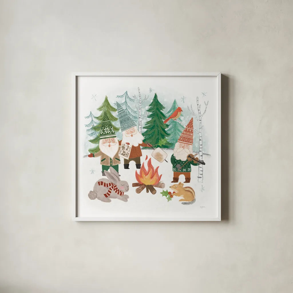 Woodland Gnomes II by Mary Urban. Shown in a crisp white glass frame for a clean and minimalist style. Available as an archival giclee rolled canvas, fine art paper, or poster print. SKU 73390a.