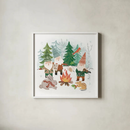 Woodland Gnomes II by Mary Urban. Shown in a crisp white glass frame for a clean and minimalist style. Available as an archival giclee rolled canvas, fine art paper, or poster print. SKU 73390a.