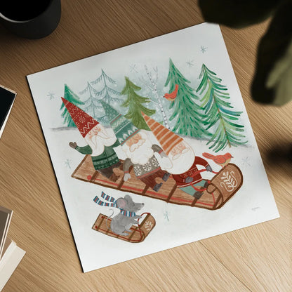 Woodland Gnomes III by Mary Urban. Shown as a detailed flat fine art print, highlighting archival giclee quality. Available as an archival giclee rolled canvas, fine art paper, or poster print. SKU 73391a.