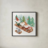 Woodland Gnomes III by Mary Urban. Shown in a sleek black glass frame for a contemporary gallery look. Available as an archival giclee rolled canvas, fine art paper, or poster print. SKU 73391a.