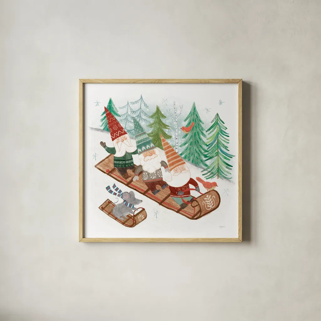 Woodland Gnomes III by Mary Urban. Shown in a natural wood glass frame for a timeless modern aesthetic. Available as an archival giclee rolled canvas, fine art paper, or poster print. SKU 73391a.