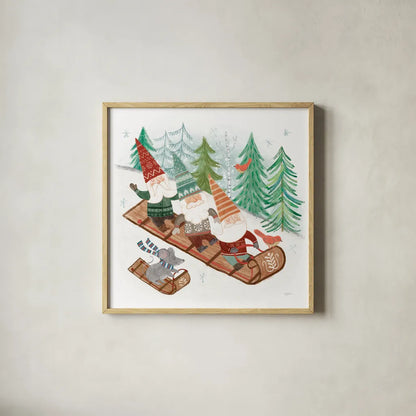 Woodland Gnomes III by Mary Urban. Shown in a natural wood glass frame for a timeless modern aesthetic. Available as an archival giclee rolled canvas, fine art paper, or poster print. SKU 73391a.