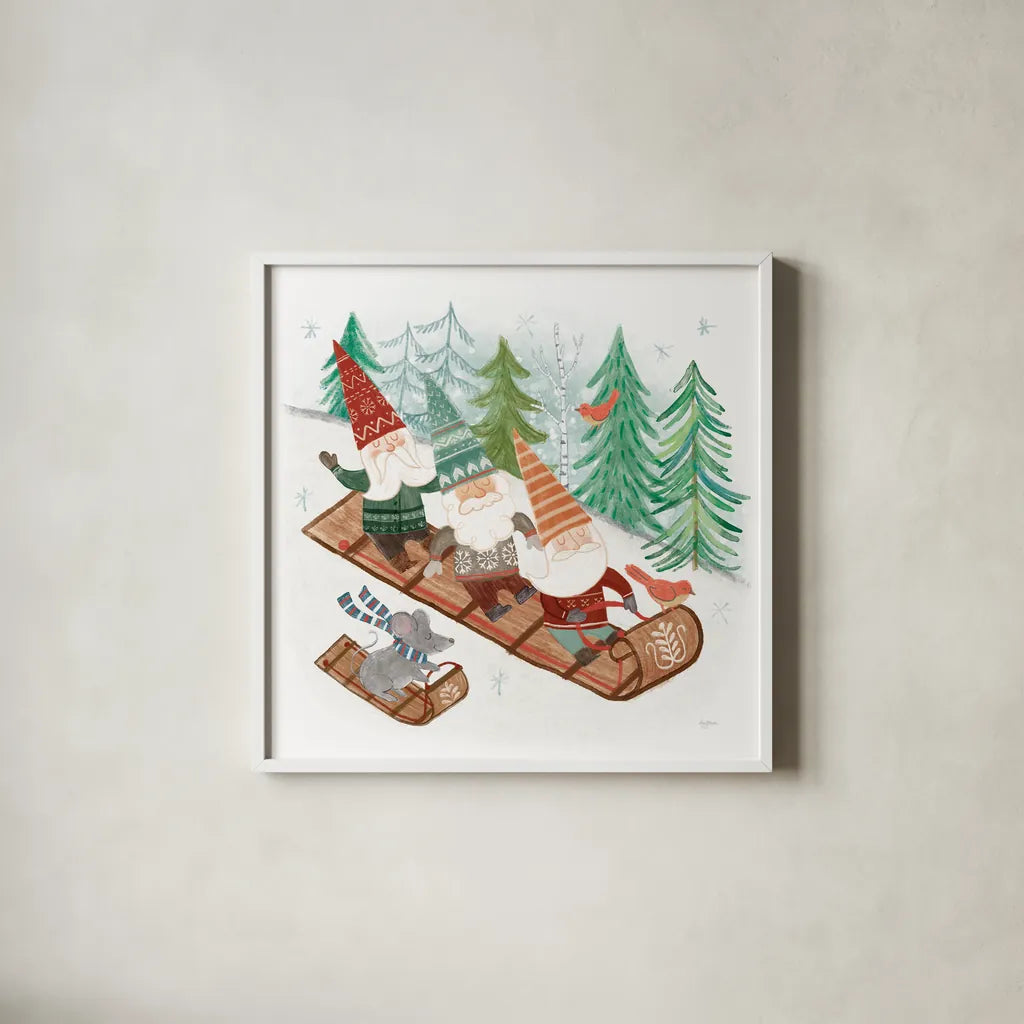 Woodland Gnomes III by Mary Urban. Shown in a crisp white glass frame for a clean and minimalist style. Available as an archival giclee rolled canvas, fine art paper, or poster print. SKU 73391a.
