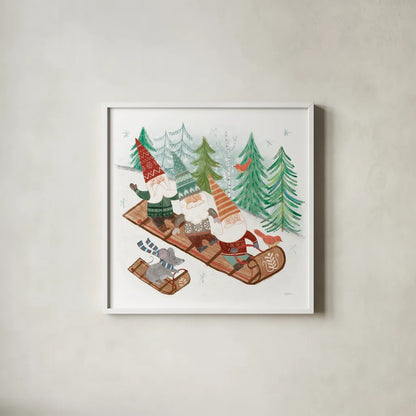 Woodland Gnomes III by Mary Urban. Shown in a crisp white glass frame for a clean and minimalist style. Available as an archival giclee rolled canvas, fine art paper, or poster print. SKU 73391a.