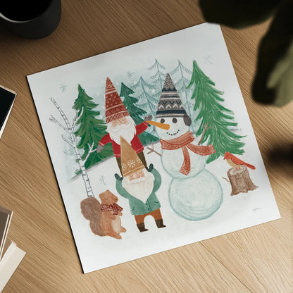 Woodland Gnomes IV by Mary Urban. Shown as a detailed flat fine art print, highlighting archival giclee quality. Available as an archival giclee rolled canvas, fine art paper, or poster print. SKU 73392a.