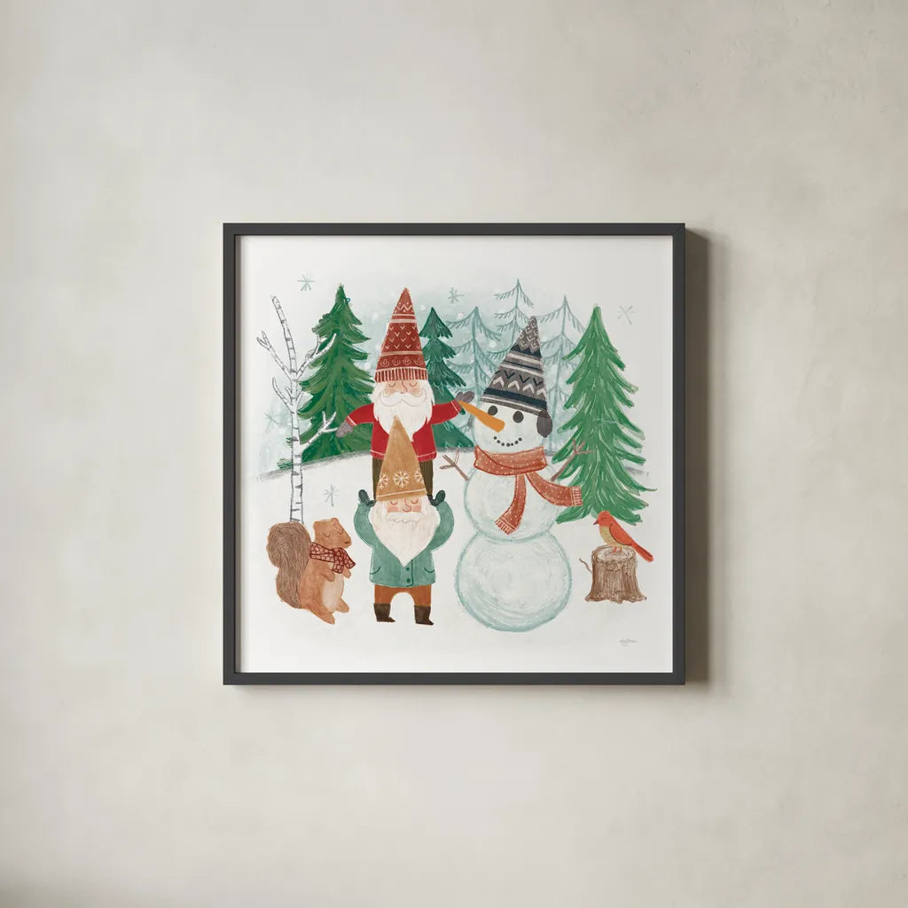 Woodland Gnomes IV by Mary Urban. Shown in a sleek black glass frame for a contemporary gallery look. Available as an archival giclee rolled canvas, fine art paper, or poster print. SKU 73392a.