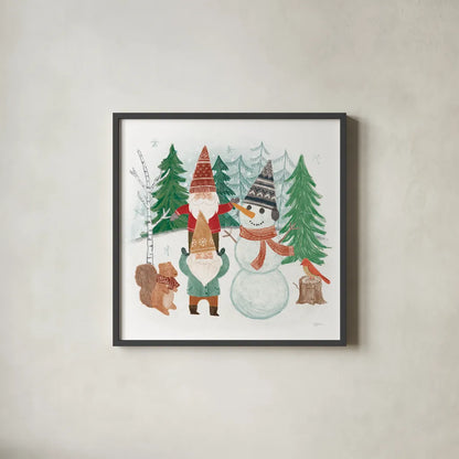 Woodland Gnomes IV by Mary Urban. Shown in a sleek black glass frame for a contemporary gallery look. Available as an archival giclee rolled canvas, fine art paper, or poster print. SKU 73392a.