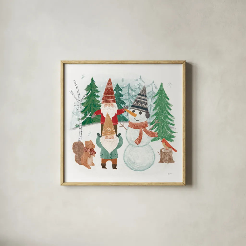 Woodland Gnomes IV by Mary Urban. Shown in a natural wood glass frame for a timeless modern aesthetic. Available as an archival giclee rolled canvas, fine art paper, or poster print. SKU 73392a.