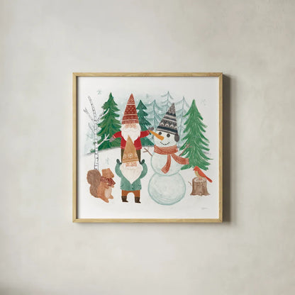 Woodland Gnomes IV by Mary Urban. Shown in a natural wood glass frame for a timeless modern aesthetic. Available as an archival giclee rolled canvas, fine art paper, or poster print. SKU 73392a.