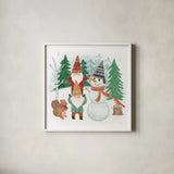Woodland Gnomes IV by Mary Urban. Shown in a crisp white glass frame for a clean and minimalist style. Available as an archival giclee rolled canvas, fine art paper, or poster print. SKU 73392a.