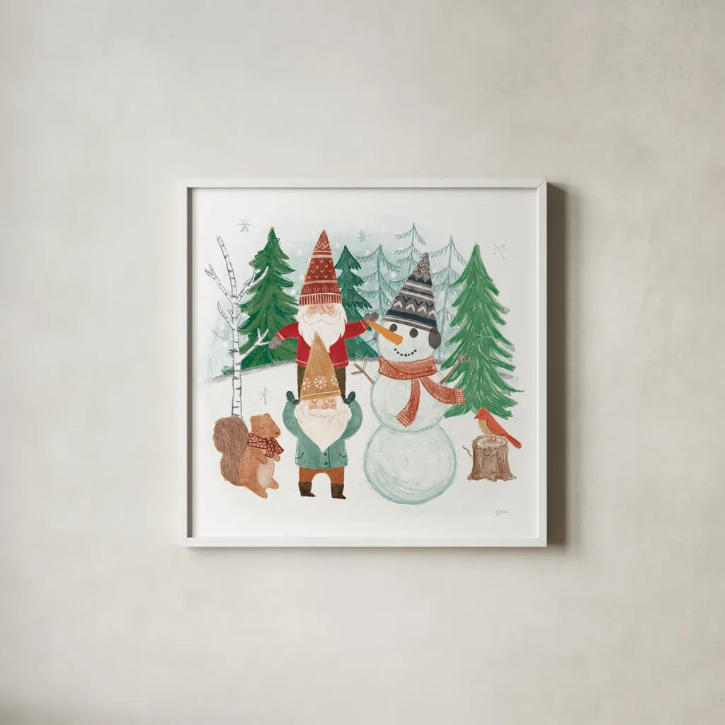 Woodland Gnomes IV by Mary Urban. Shown in a crisp white glass frame for a clean and minimalist style. Available as an archival giclee rolled canvas, fine art paper, or poster print. SKU 73392a.