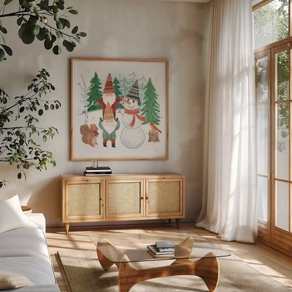 Woodland Gnomes IV by Mary Urban. Shown in a natural wood frame in a cozy modern living room. Available as an archival giclee rolled canvas, fine art paper, or poster print. SKU 73392a.