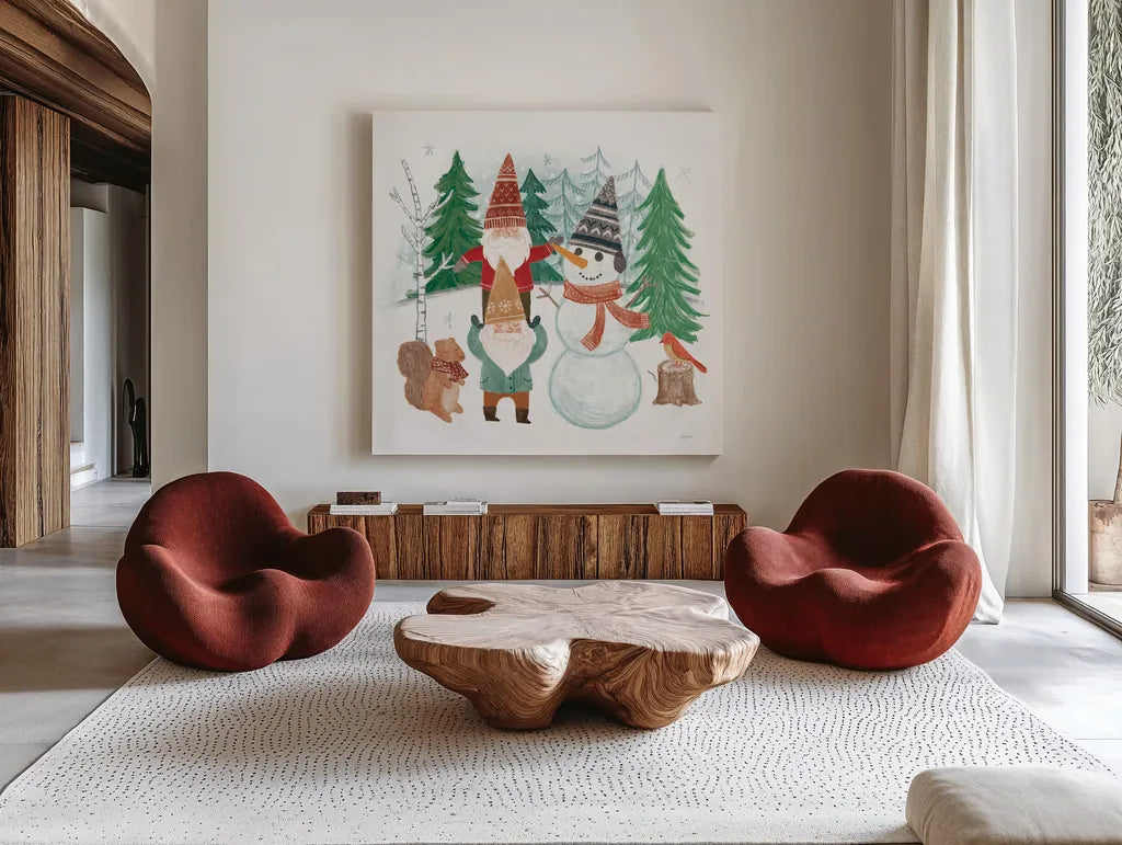 Woodland Gnomes IV by Mary Urban. Shown as extra-large giant wall art in a modern living room. Available as an archival giclee rolled canvas, fine art paper, or poster print. SKU 73392a.
