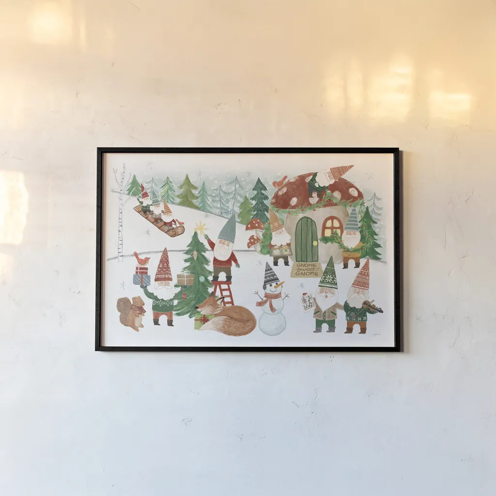 Woodland Gnomes V by Mary Urban. shown as a paper print in a black flame. Available as a archival giclee rolled canvas, fine art paper, or poster print. SKU 73393i.