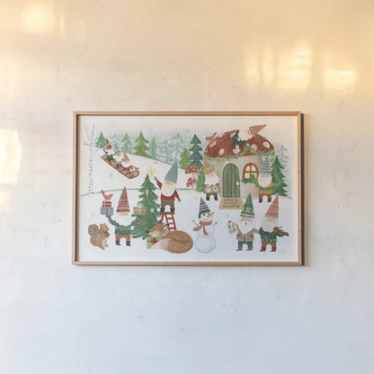 Woodland Gnomes V by Mary Urban. shown as a paper print in a natural frame. Available as a archival giclee rolled canvas, fine art paper, or poster print. SKU 73393i.