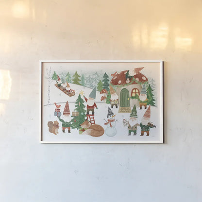 Woodland Gnomes V by Mary Urban. shown as a paper print in a white frame. Available as a archival giclee rolled canvas, fine art paper, or poster print. SKU 73393i.