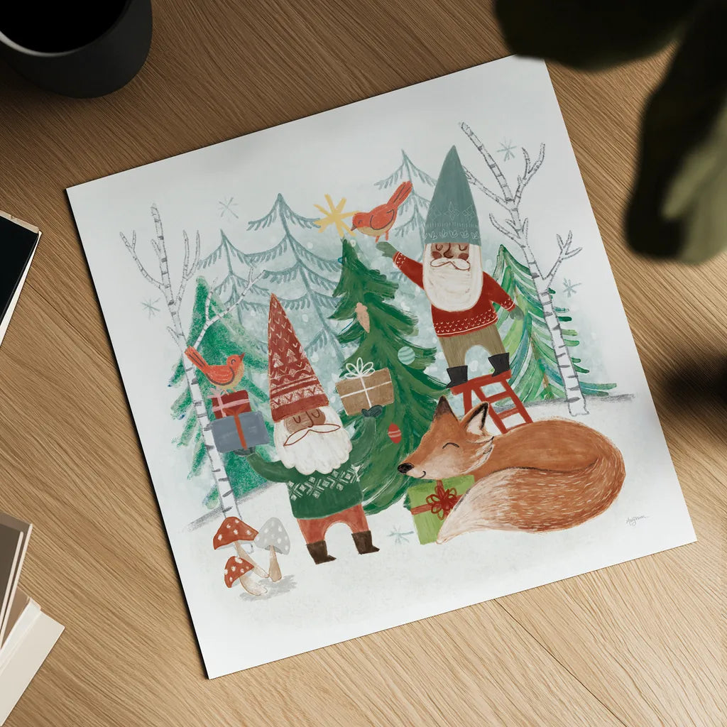 Woodland Gnomes VI by Mary Urban. Shown as a detailed flat fine art print, highlighting archival giclee quality. Available as an archival giclee rolled canvas, fine art paper, or poster print. SKU 73696a.