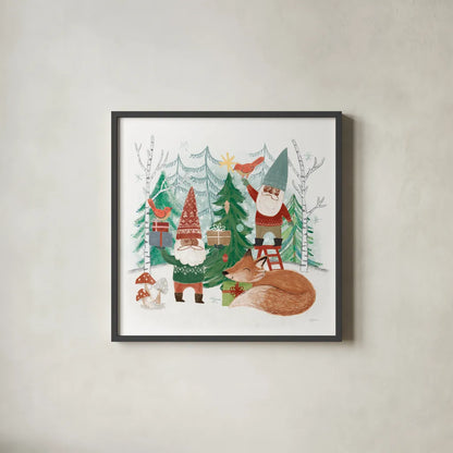 Woodland Gnomes VI by Mary Urban. Shown in a sleek black glass frame for a contemporary gallery look. Available as an archival giclee rolled canvas, fine art paper, or poster print. SKU 73696a.