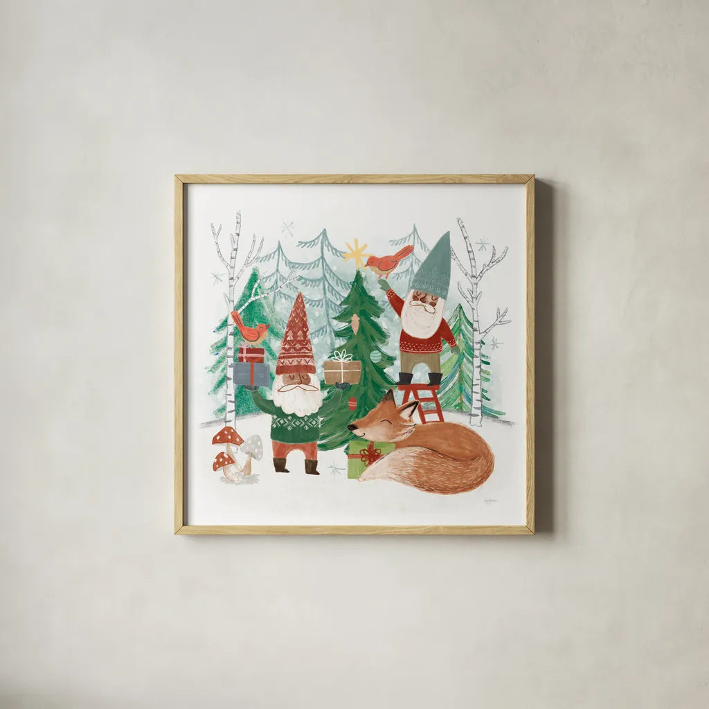 Woodland Gnomes VI by Mary Urban. Shown in a natural wood glass frame for a timeless modern aesthetic. Available as an archival giclee rolled canvas, fine art paper, or poster print. SKU 73696a.