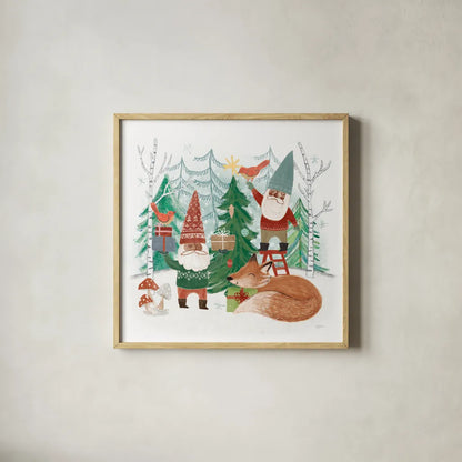 Woodland Gnomes VI by Mary Urban. Shown in a natural wood glass frame for a timeless modern aesthetic. Available as an archival giclee rolled canvas, fine art paper, or poster print. SKU 73696a.