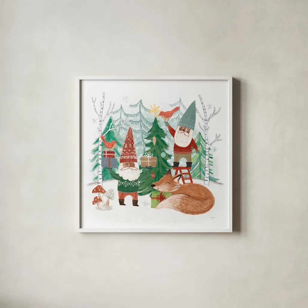 Woodland Gnomes VI by Mary Urban. Shown in a crisp white glass frame for a clean and minimalist style. Available as an archival giclee rolled canvas, fine art paper, or poster print. SKU 73696a.