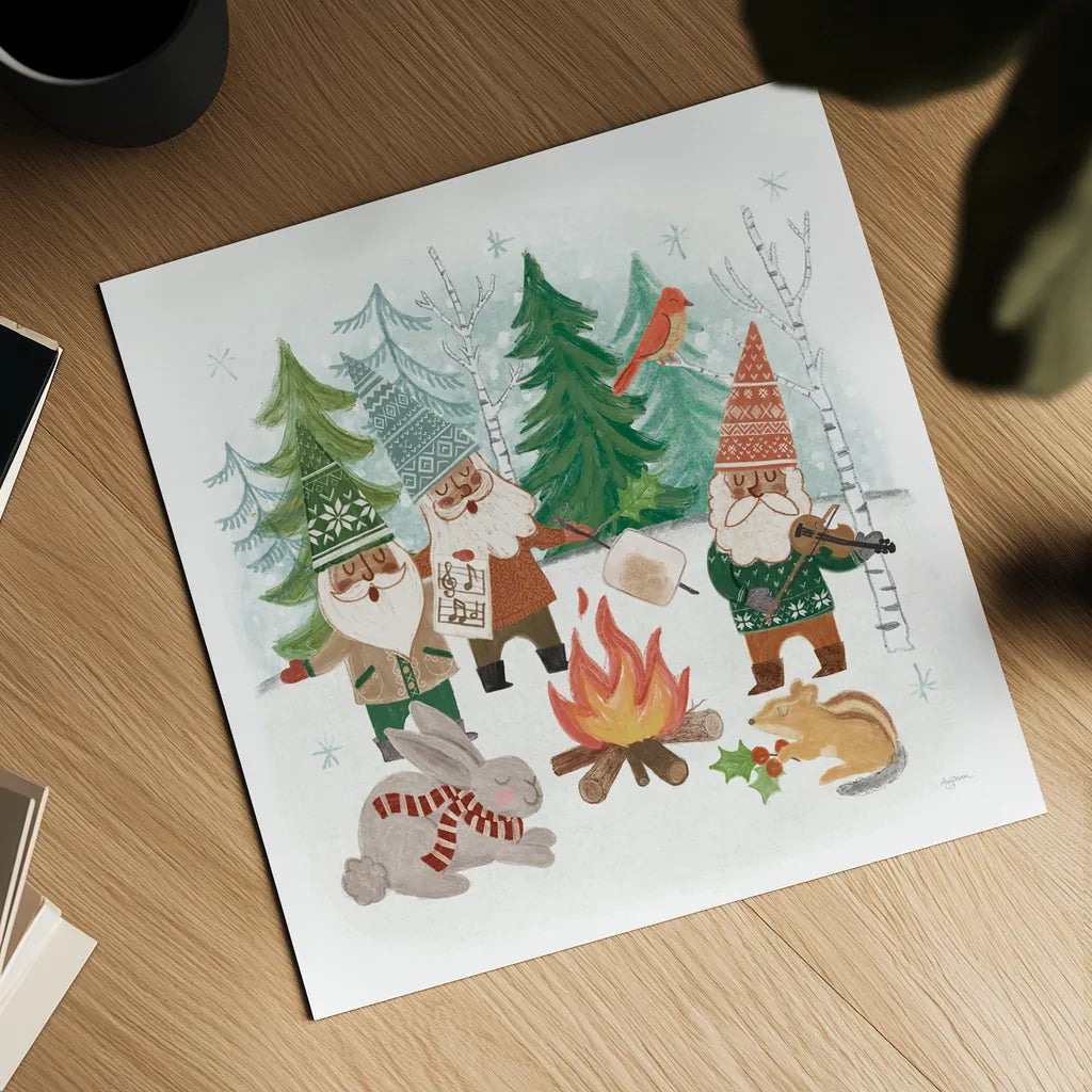 Woodland Gnomes VII by Mary Urban. Shown as a detailed flat fine art print, highlighting archival giclee quality. Available as an archival giclee rolled canvas, fine art paper, or poster print. SKU 73697a.