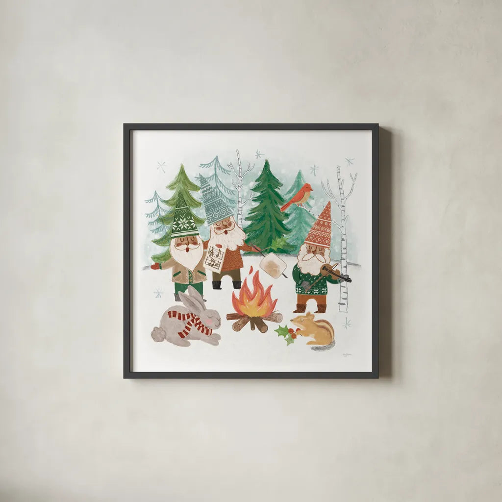 Woodland Gnomes VII by Mary Urban. Shown in a sleek black glass frame for a contemporary gallery look. Available as an archival giclee rolled canvas, fine art paper, or poster print. SKU 73697a.