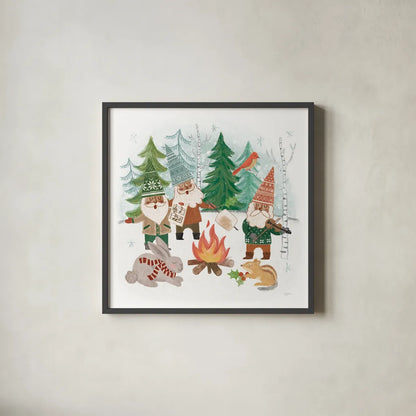 Woodland Gnomes VII by Mary Urban. Shown in a sleek black glass frame for a contemporary gallery look. Available as an archival giclee rolled canvas, fine art paper, or poster print. SKU 73697a.
