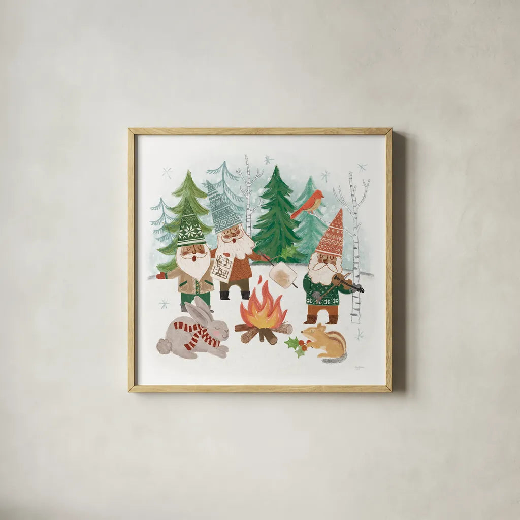 Woodland Gnomes VII by Mary Urban. Shown in a natural wood glass frame for a timeless modern aesthetic. Available as an archival giclee rolled canvas, fine art paper, or poster print. SKU 73697a.