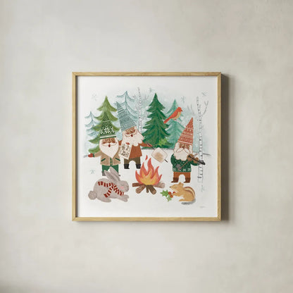 Woodland Gnomes VII by Mary Urban. Shown in a natural wood glass frame for a timeless modern aesthetic. Available as an archival giclee rolled canvas, fine art paper, or poster print. SKU 73697a.