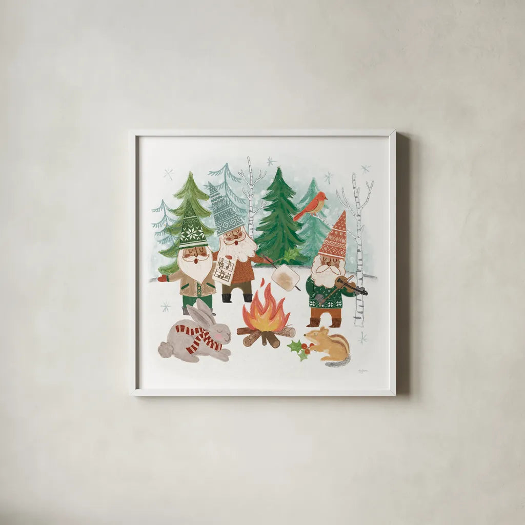 Woodland Gnomes VII by Mary Urban. Shown in a crisp white glass frame for a clean and minimalist style. Available as an archival giclee rolled canvas, fine art paper, or poster print. SKU 73697a.