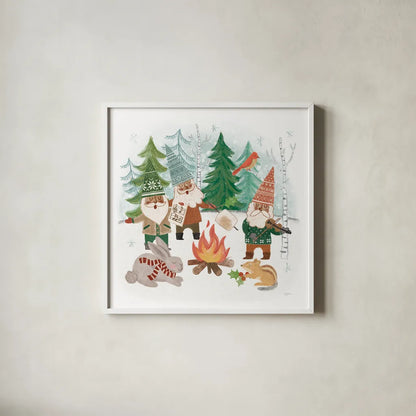 Woodland Gnomes VII by Mary Urban. Shown in a crisp white glass frame for a clean and minimalist style. Available as an archival giclee rolled canvas, fine art paper, or poster print. SKU 73697a.