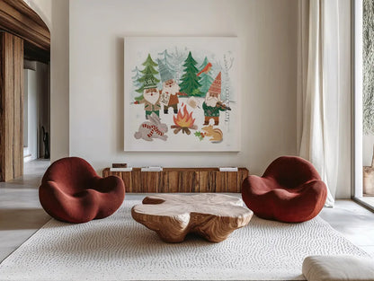 Woodland Gnomes VII by Mary Urban. Shown as extra-large giant wall art in a modern living room. Available as an archival giclee rolled canvas, fine art paper, or poster print. SKU 73697a.