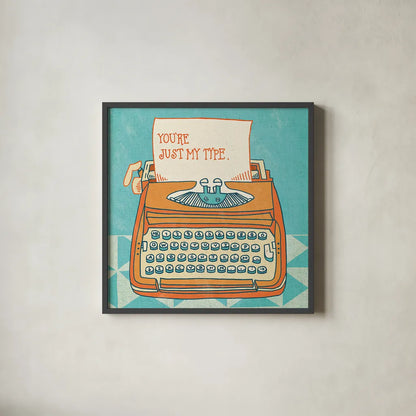 Youre My Type Orange by Mary Urban. Shown in a sleek black glass frame for a contemporary gallery look. Available as an archival giclee rolled canvas, fine art paper, or poster print. SKU 30513a.