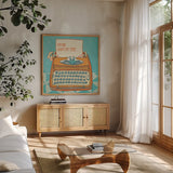 Youre My Type Orange by Mary Urban. Shown in a natural wood frame in a cozy modern living room. Available as an archival giclee rolled canvas, fine art paper, or poster print. SKU 30513a.