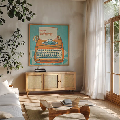 Youre My Type Orange by Mary Urban. Shown in a natural wood frame in a cozy modern living room. Available as an archival giclee rolled canvas, fine art paper, or poster print. SKU 30513a.