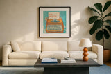 Youre My Type Orange by Mary Urban. Displayed in a glass frame with matte in a clean modern living room. Available as an archival giclee rolled canvas, fine art paper, or poster print. SKU 30513a.