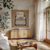 Youre My Type Taupe by Mary Urban. Shown in a natural wood frame in a cozy modern living room. Available as an archival giclee rolled canvas, fine art paper, or poster print. SKU 20959a.