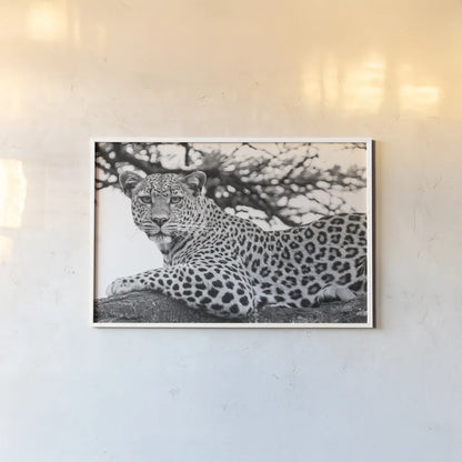 Lounging Leopard Neutral by Max Blakesberg. shown as a paper print in a white frame. Available as a archival giclee rolled canvas, fine art paper, or poster print. SKU 94182i.