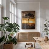 African Sunrise by Max Blakesberg Studios. shown as a print in a natural wood frame in a dining room. Available as a archival giclee rolled canvas, fine art paper, or poster print. SKU 90844h.