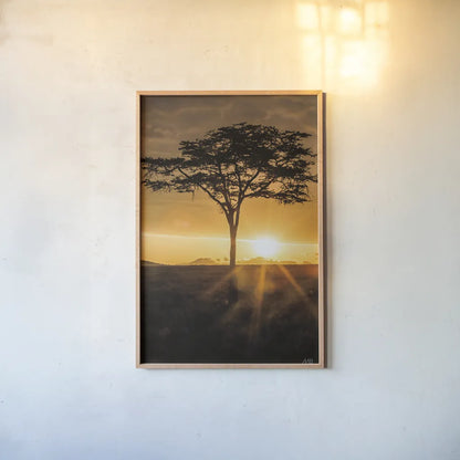 African Sunrise by Max Blakesberg Studios. shown as a paper print in a natural frame. Available as a archival giclee rolled canvas, fine art paper, or poster print. SKU 90844h.