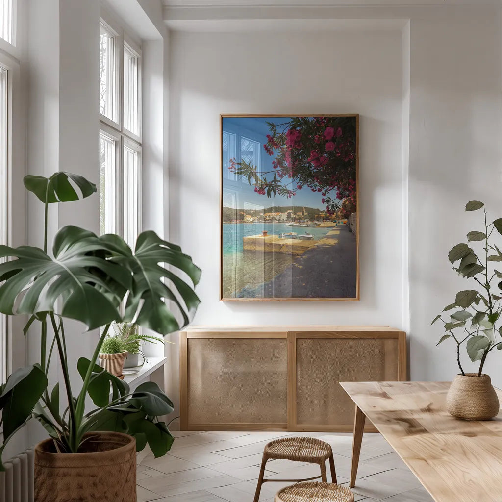 Beauty of Croatia by Max Blakesberg Studios. shown as a print in a natural wood frame in a dining room. Available as a archival giclee rolled canvas, fine art paper, or poster print. SKU 90981h.