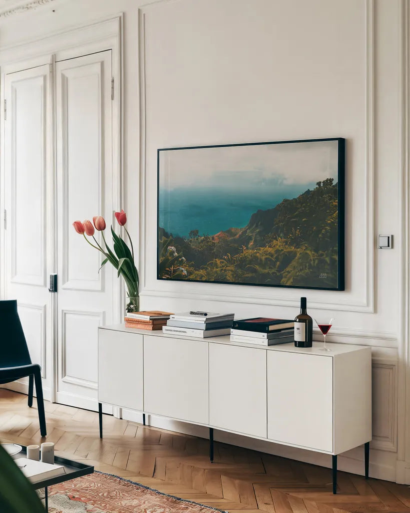 Beauty of Hawaii by Max Blakesberg Studios. shown as a framed stretched canvas in a living room above a console. Available as a archival giclee rolled canvas, fine art paper, or poster print. SKU 93619i.