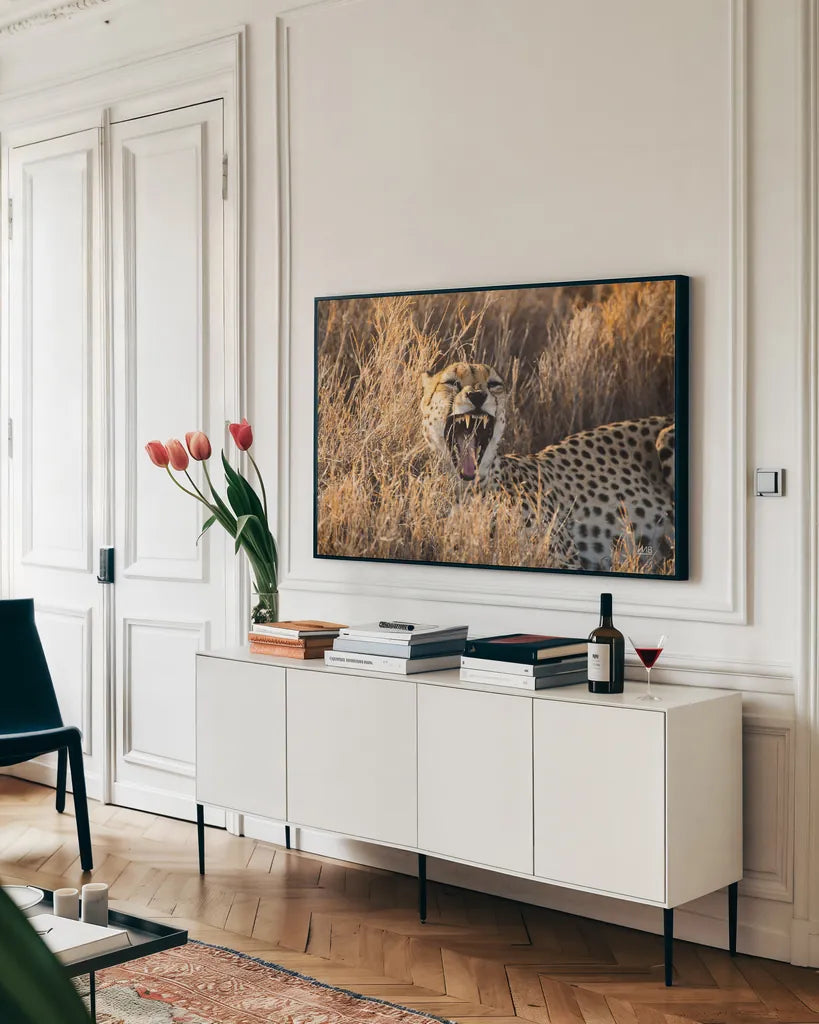 Big Yawn II by Max Blakesberg Studios. shown as a framed stretched canvas in a living room above a console. Available as a archival giclee rolled canvas, fine art paper, or poster print. SKU 93613i.
